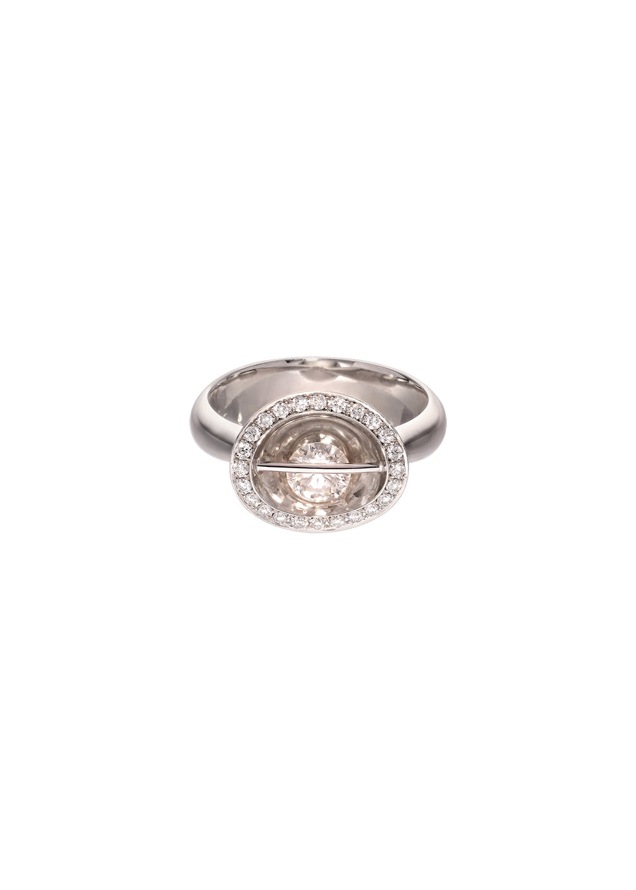 Ring with Floating Diamond and Diamond Wreath in White Gold